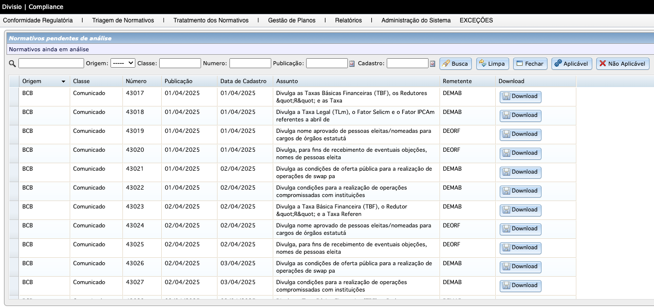 Lista de normativos baixados automaticamente